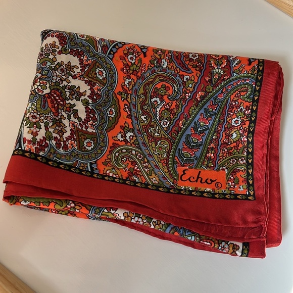 Vintage Echo Silk Red Paisley Long Oblong Scarf - Picture 7 of 9